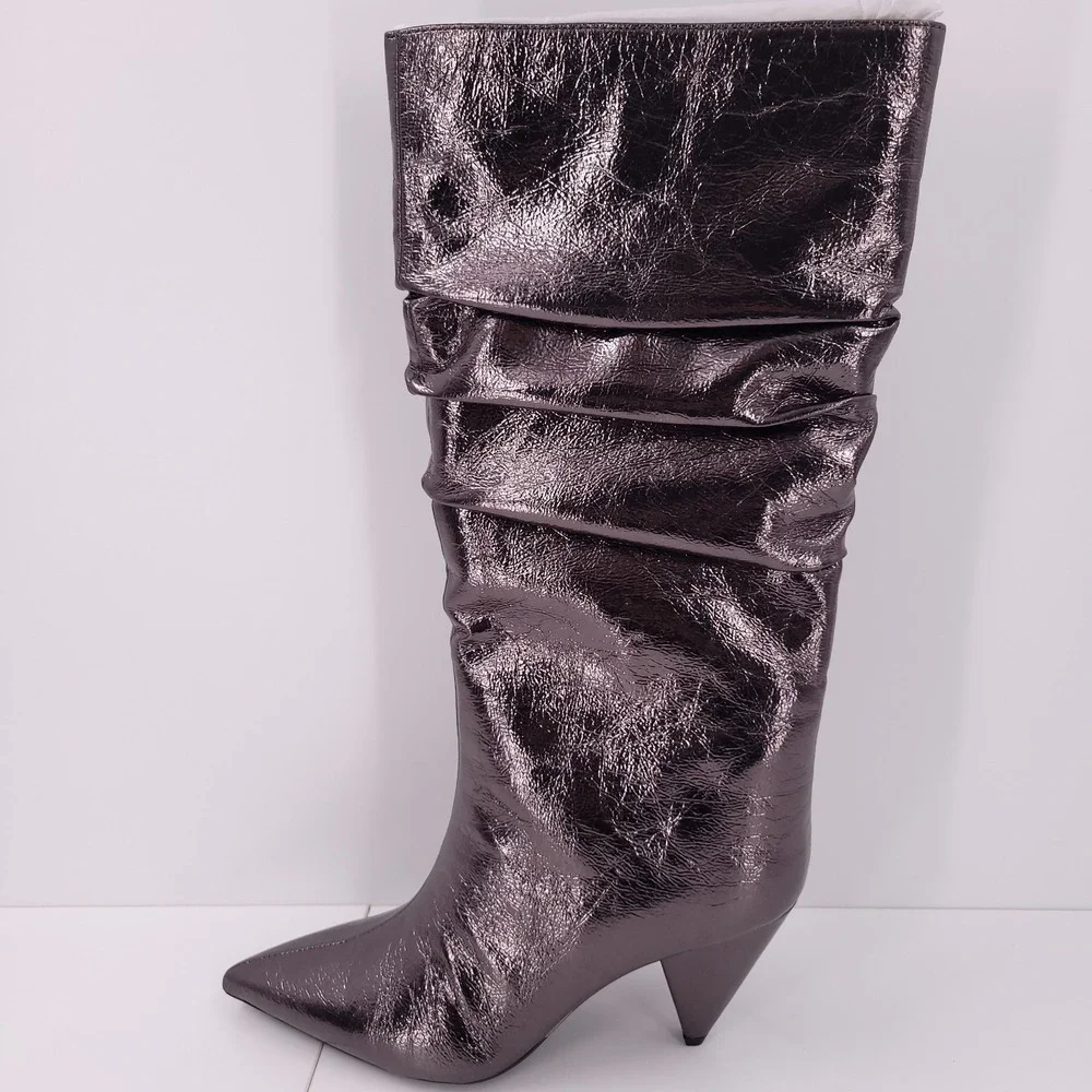 INC Diiannaa Silver Slouchy Knee-High Boots Cone Heel Pointy Toe Zipper Size 7.5